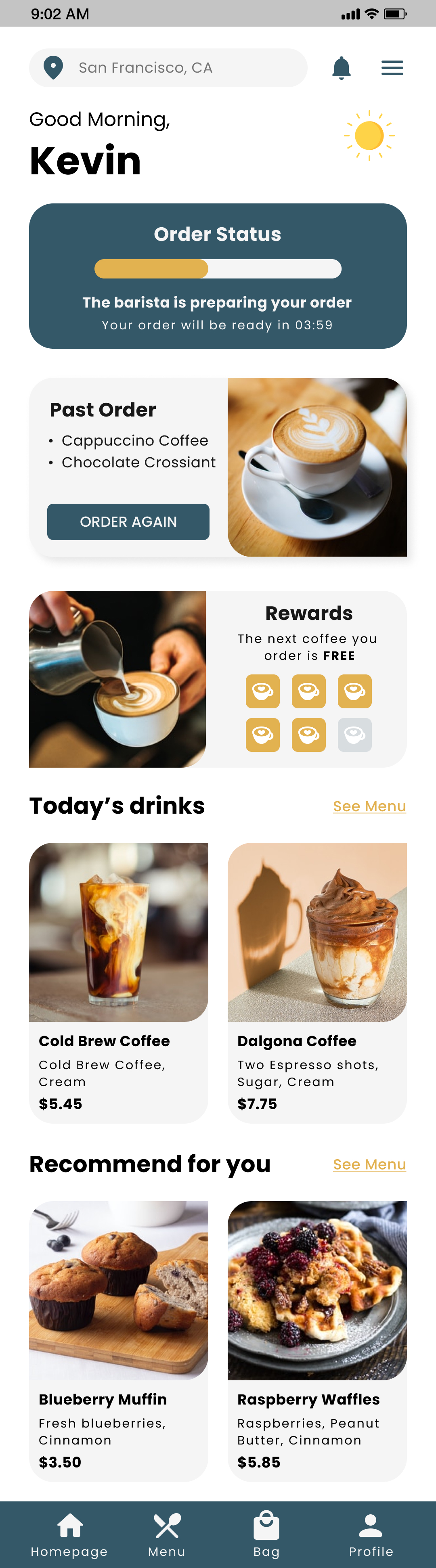 COCO Homepage with order status screen for mobile app