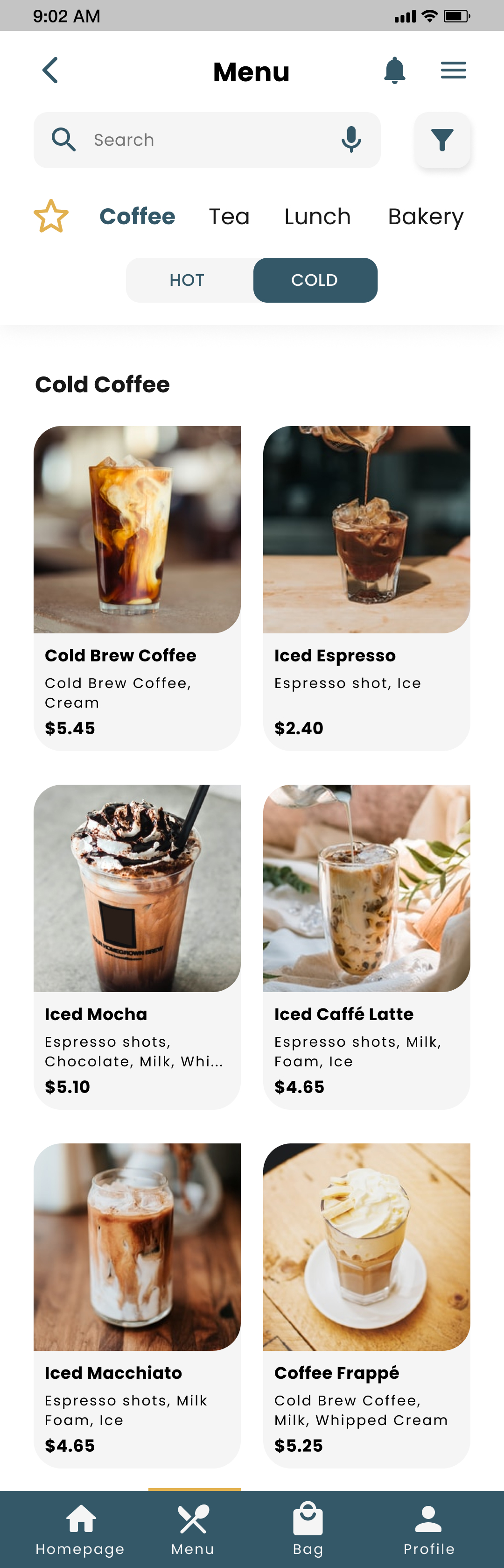 COCO Menu screen for mobile app