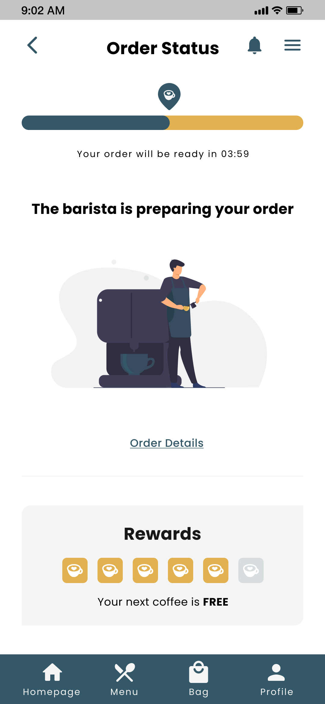 COCO Order Status preparing order screen for mobile app