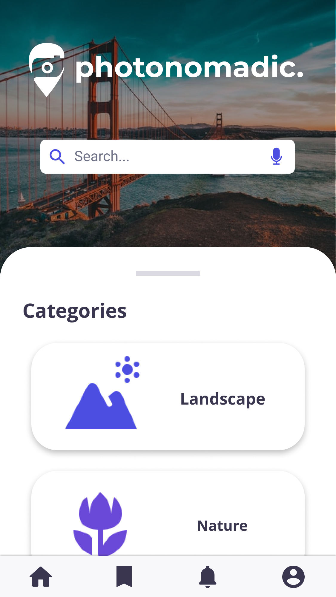 Homepage screen for Photonomadic