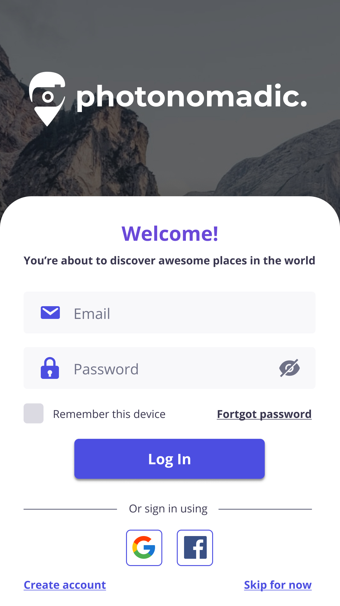 Login screen for Photonomadic