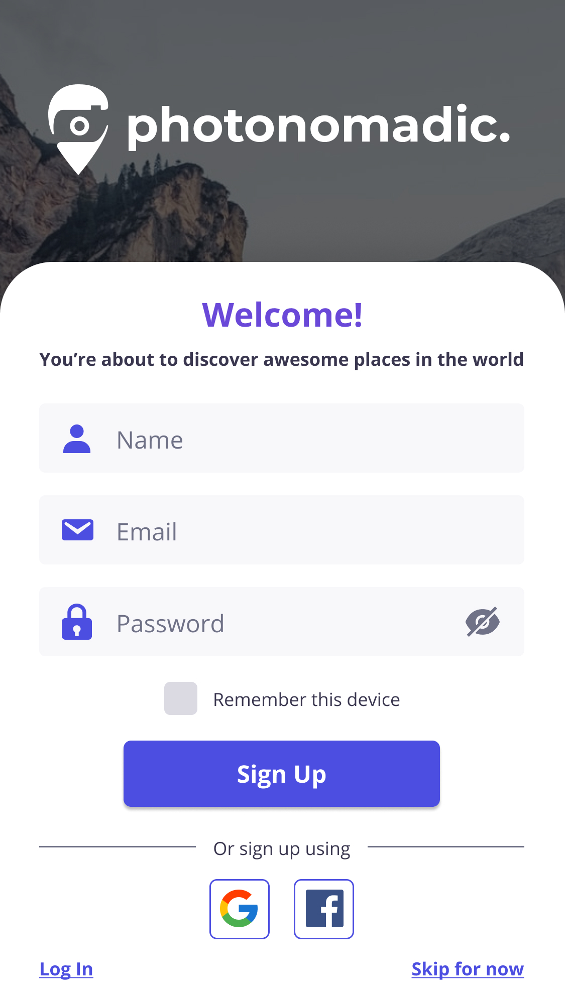 Sign up screen for Photonomadic