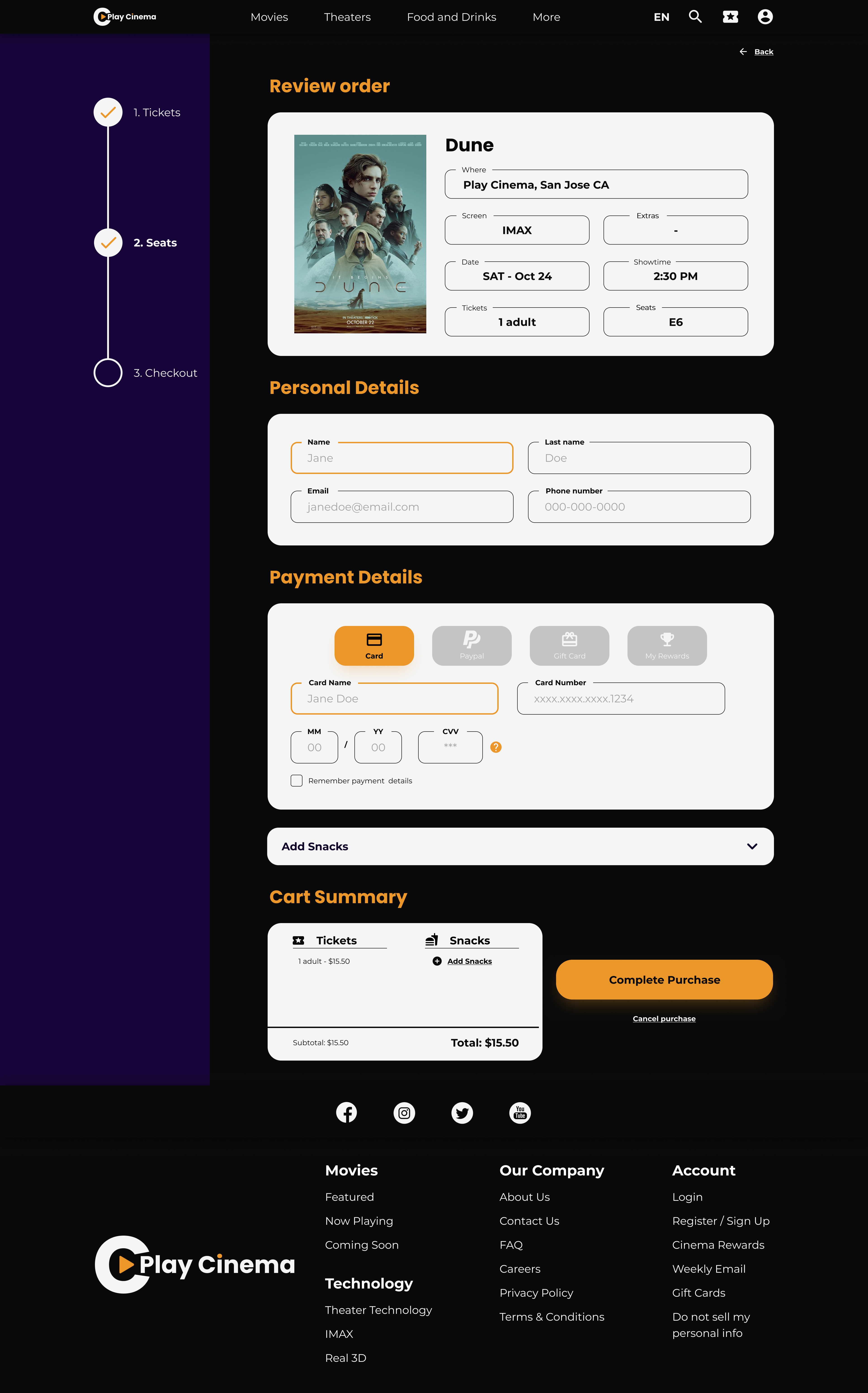 Play Cinema Checkout screen for desktop