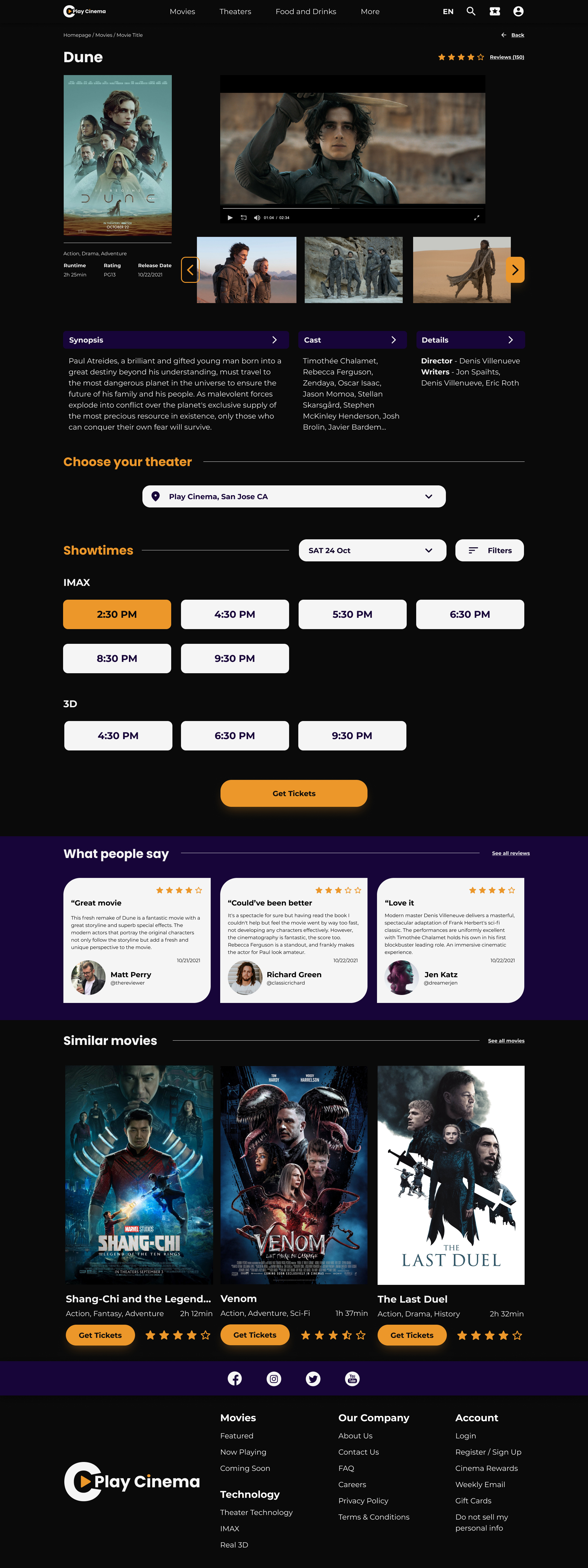 Play Cinema Movie information with showtimes selected screen for desktop