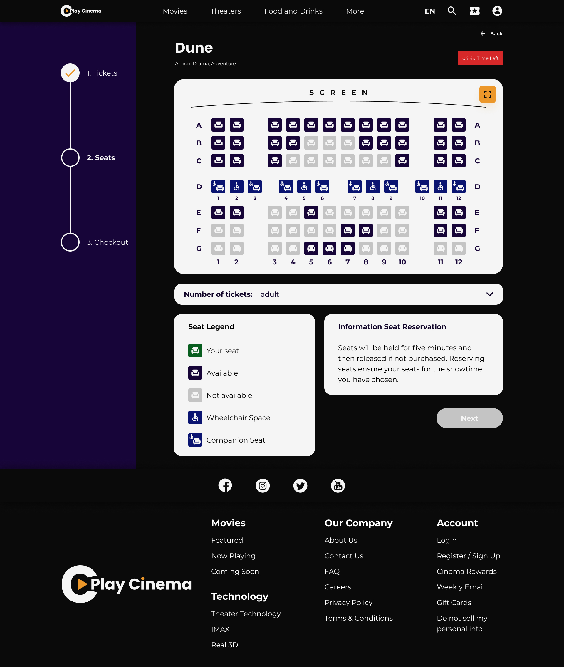 Play Cinema Seats reservation screen for desktop