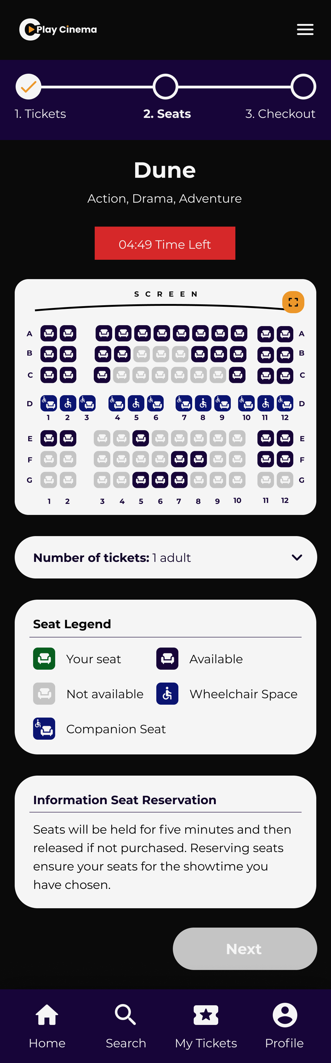 Play Cinema Seats reservation screen for mobile