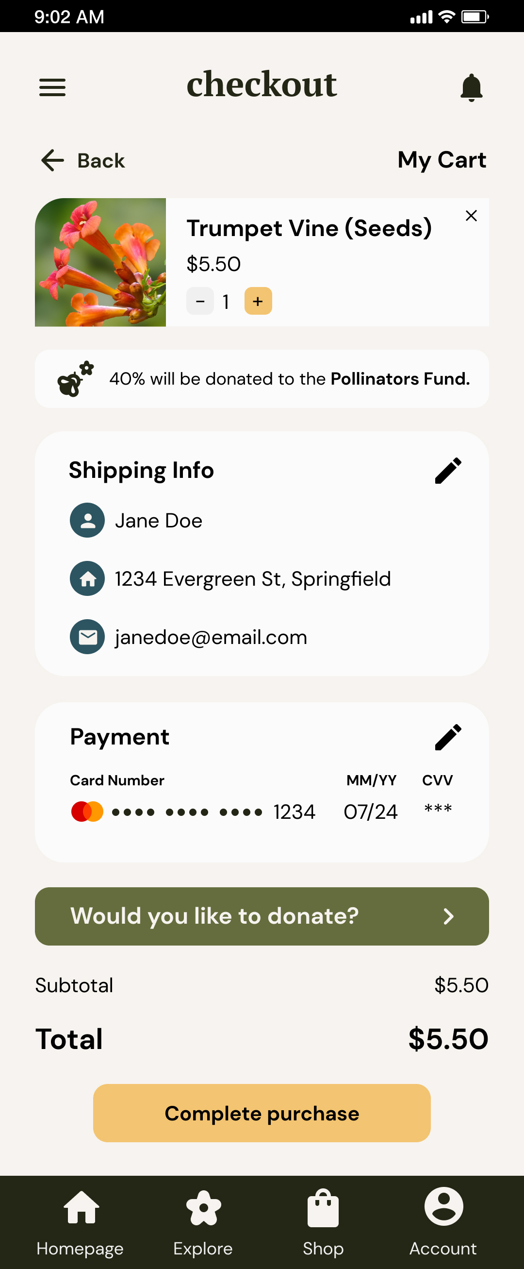 Sweet Garden Checkout screen mobile
